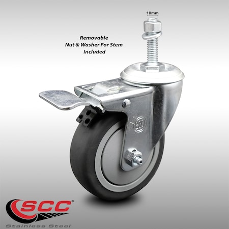 Service Caster 4 Inch SS Thermoplastic Rubber 10mm Threaded Stem Caster Total Lock Brake SCC-SSTSTTL20S414-TPRB-M1015